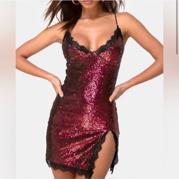 Motel Urban Outfitters Red Sequin with Lace Slip Dress Medium - Picture 1 of 8